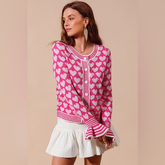 Pink heart button intarsia bohemian valentine ruffle sleeve cardigan sweater - Picture 4 of 9